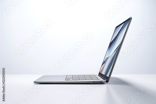 A clean, minimalist photo of a laptop in a profile side view