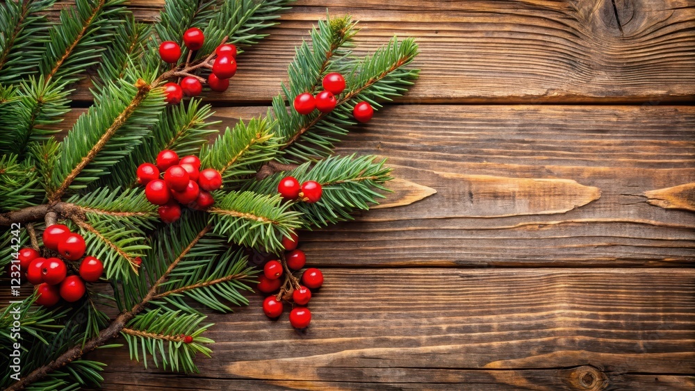 Evergreen branches with red berries against a warm rustic wooden background Evergreen branches with red berries against a warm rustic wooden background