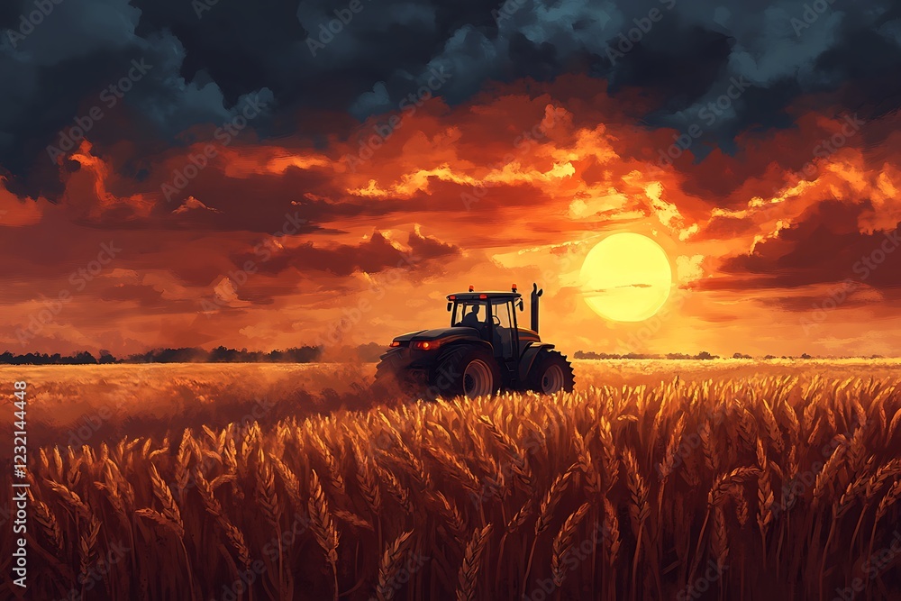 Fototapeta premium Tractor in a Golden Wheat Field at Sunset