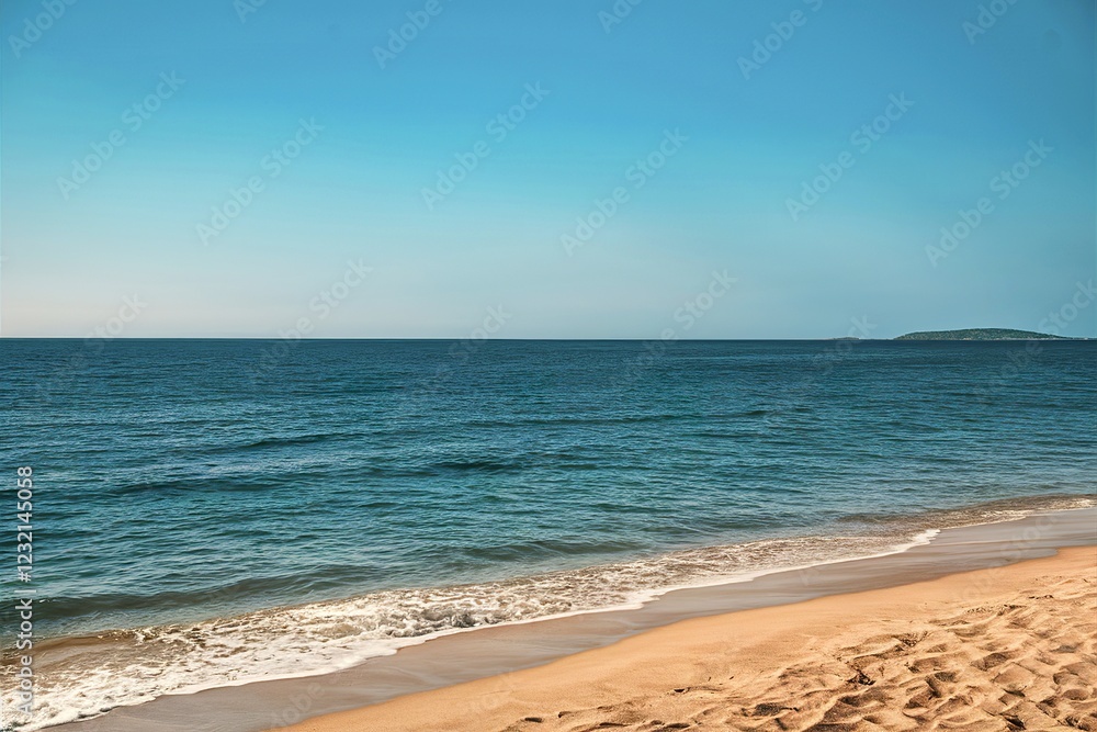 A tranquil beach scene with a vast expanse of crystal-clear blue water A tranquil beach scene with a vast expanse of crystal-clear blue water