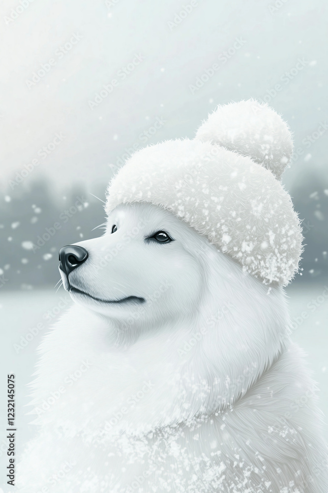 Fototapeta premium Snowy dog wearing a cozy white hat in a winter landscape with gentle snowfall