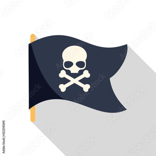Pirate flag waving, representing danger, piracy, and rebellion, with skull and crossbones on dark background