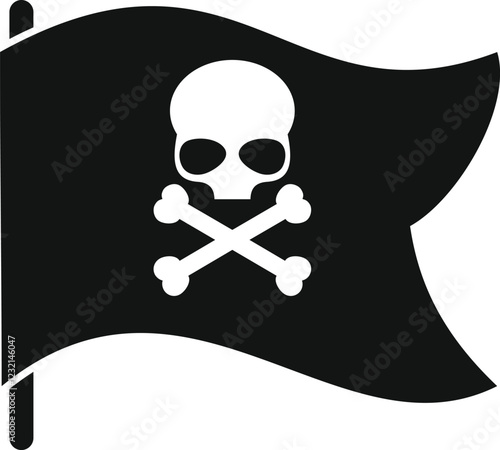 Black pirate flag waving in the wind, featuring a white skull and crossbones, symbolizing maritime danger and rebellion