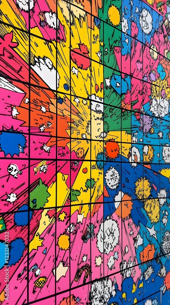 Fototapeta premium Explosion of Color and Form: A mesmerizing abstract grid bursts with vibrant hues and playful shapes, inviting the viewer into a kaleidoscope of creative energy.