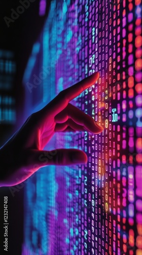 Programmer reading binary code on futuristic digital display