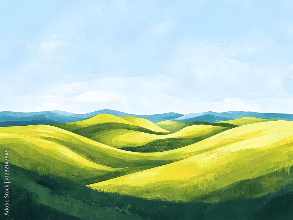 Obraz premium Rolling Hills of Gold: A vibrant landscape painting depicting sun-drenched, rolling hills in shades of golden yellow and lush green, under a bright blue sky.