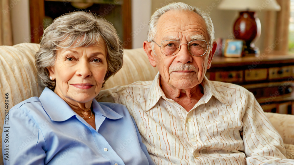 An Elderly couple, old, senior, matured, companions, sitting on a sofa having a leisure time in the interiors of their home. An Elderly couple, old, senior, matured, companions, sitting on a sofa having a leisure time in the interiors of their home.