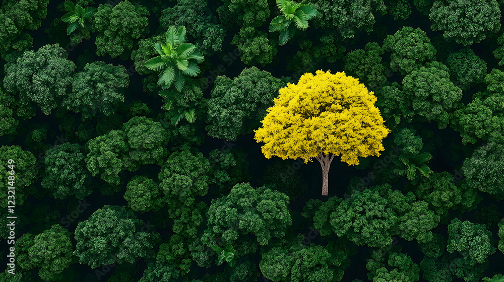 Aerial view of unique yellow tree among green foliage, representing individuality, suitable for environmental campaigns Aerial view of unique yellow tree among green foliage, representing individuality, suitable for environmental campaigns