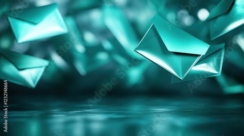 A collection of turquoise envelopes floating in an abstract space, representing communication and digital connectivity in a visually striking manner. photo