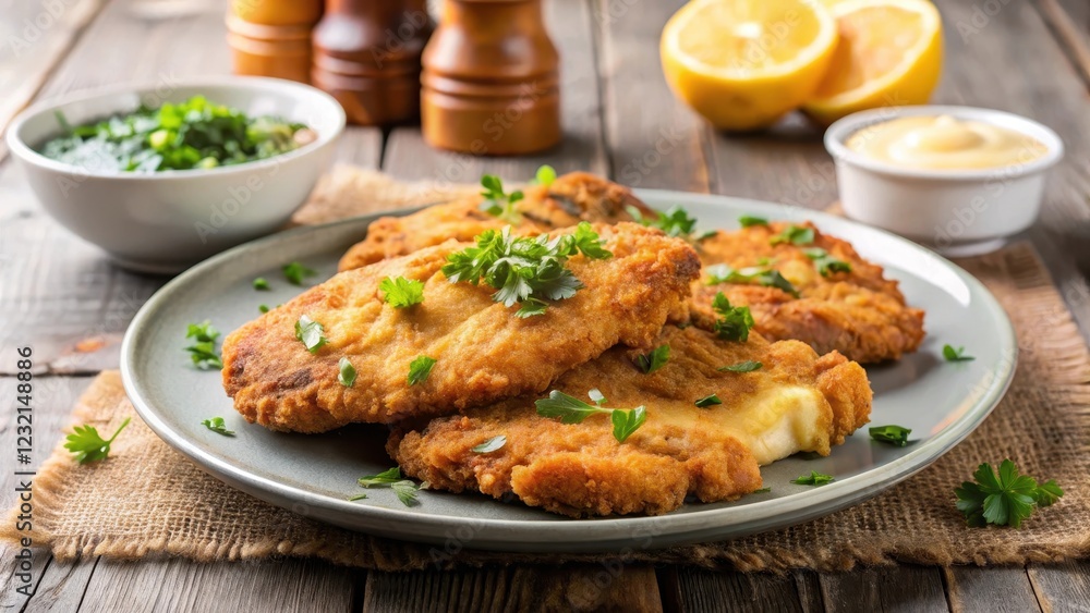 Crispy homemade chicken schnitzel with dipping sauce on a plate, tender interior, food, tender interior, food Crispy homemade chicken schnitzel with dipping sauce on a plate, tender interior, food, tender interior, food