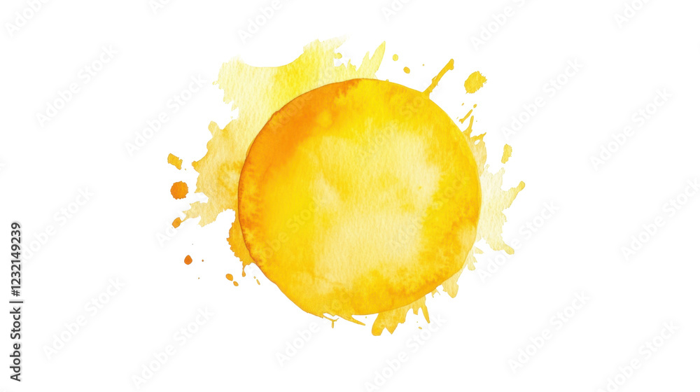 Bright yellow watercolor sun splashing with transparent background