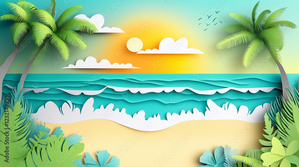 Sunny beach with palm trees and waves with Paper cut out effect Sunny beach with palm trees and waves with Paper cut out effect