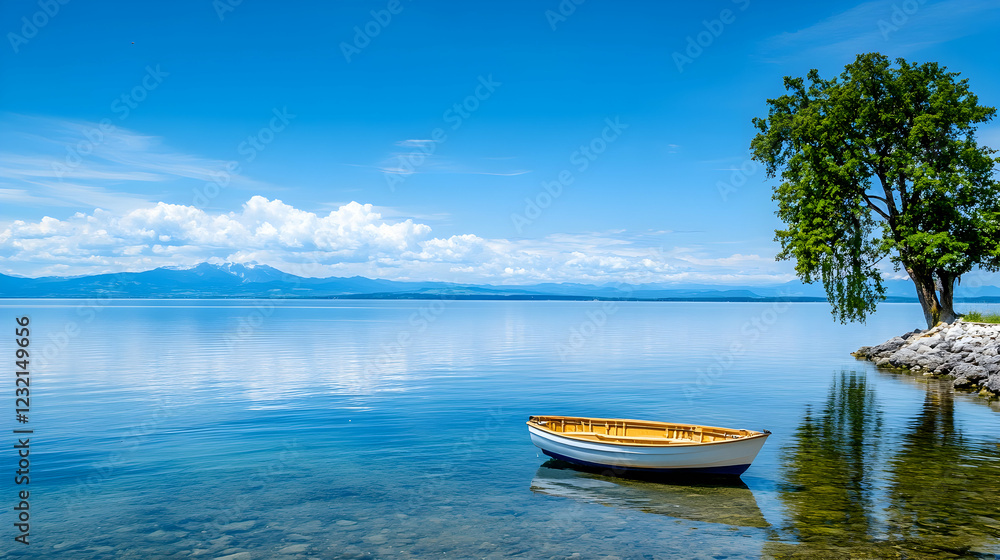 Calm lake, lone boat, tree, mountains. Summer postcard Calm lake, lone boat, tree, mountains. Summer postcard