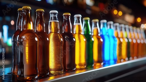 A lineup of beer bottles in assorted colors glowing under neon lights photo