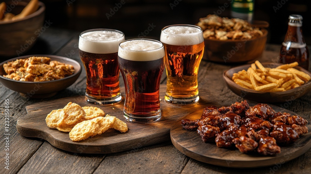 A rustic pub table setup with vibrant beer glasses surrounded by snacks A rustic pub table setup with vibrant beer glasses surrounded by snacks