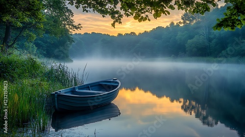 Serene sunrise over misty lake with small rowboat.
