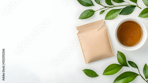 Flatlay Tea bag, cup of tea, green leaves on white background. Perfect for tea packaging, health blogs, or food websites