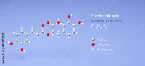 rosmarinic acid molecule, molecular structure, polyphenolic compound, 3d model, Structural Chemical Formula and Atoms with Color Coding photo