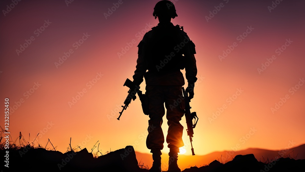 Fototapeta premium Silhouette of a soldier holding two rifles, standing on a hilltop at sunset.