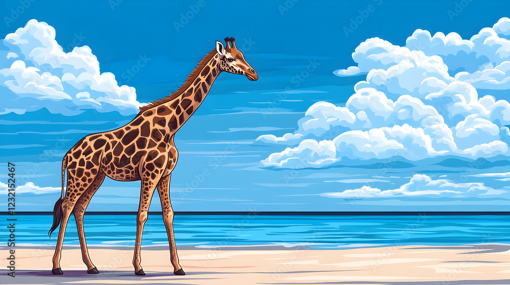 Obraz premium Giraffe on tropical beach, ocean background; summer vacation, travel poster