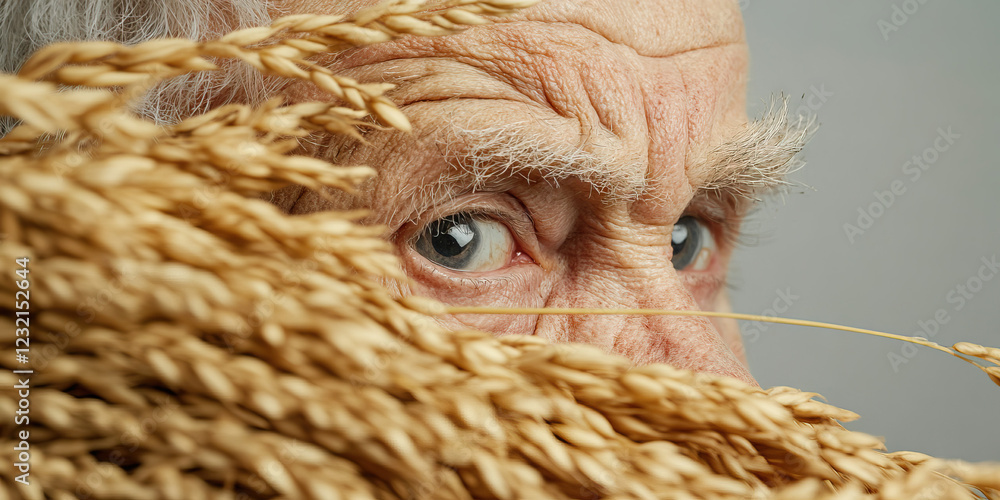 Close-up of Elderly Man's Face Partially Hidden by Dried Grain Close-up of Elderly Man's Face Partially Hidden by Dried Grain
