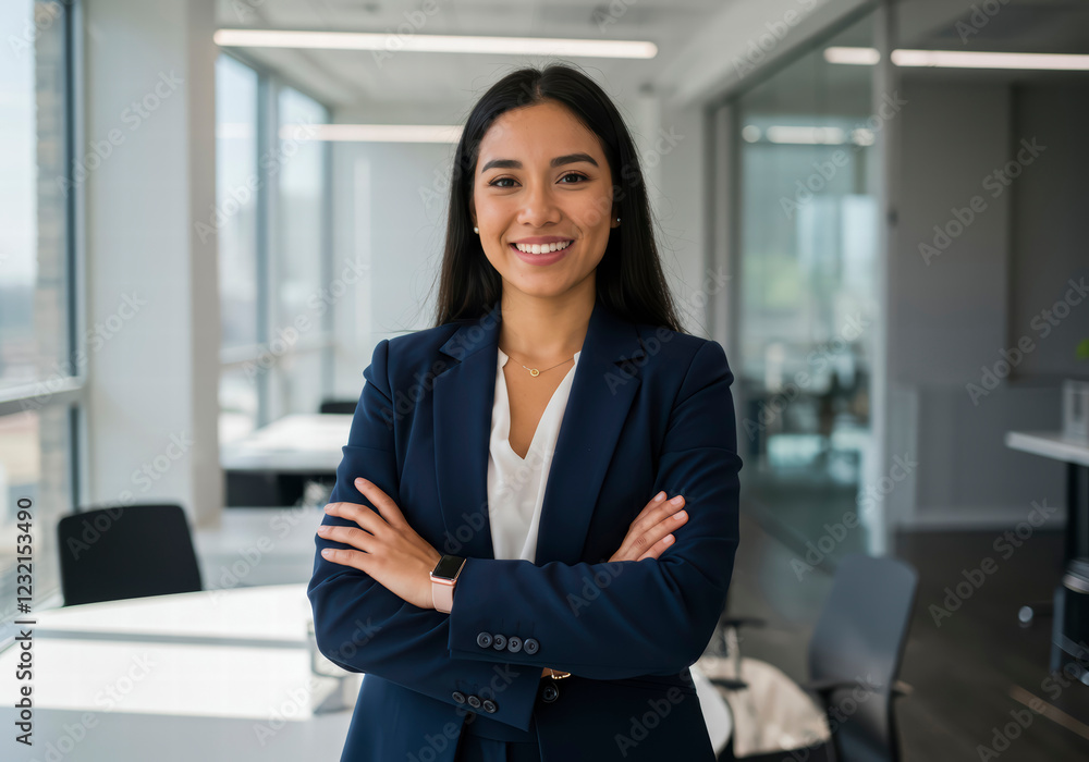 Fototapeta premium Smiling Latin American Professional with Arms Crossed, Exuding Success and Positivity in Her Workplace