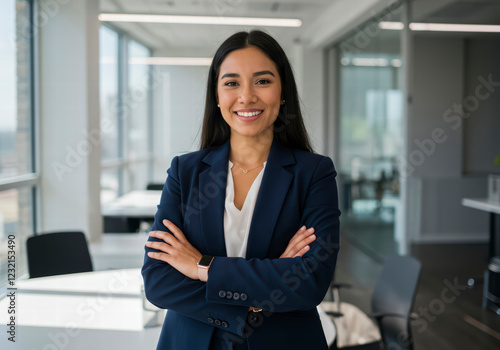 Smiling Latin American Professional with Arms Crossed, Exuding Success and Positivity in Her Workplace photo