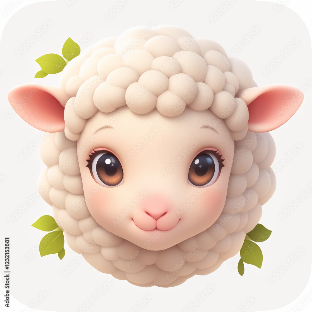 Obraz premium White sheep head with green leaves on white background, illustration
