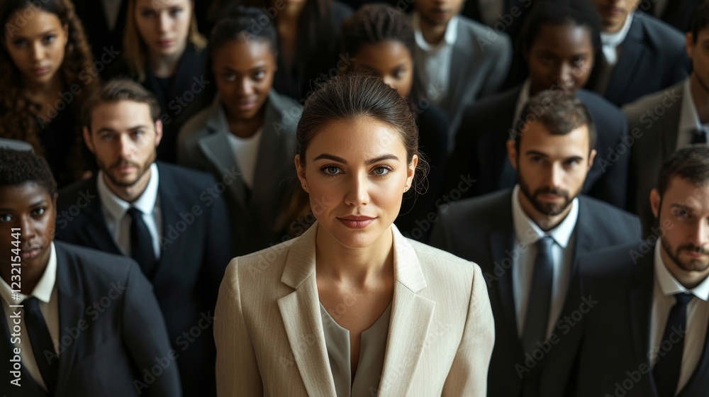 Fototapeta premium Professional woman guiding multicultural team members in business attire, collaborating during strategic meeting in modern workplace