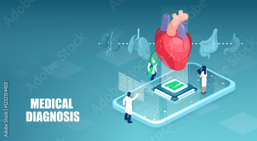 Medical diagnostics using AI technology concept.  Modern Innovative health care analysis, isometric design
