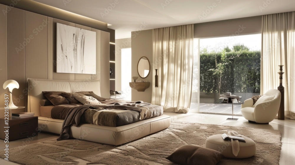 A luxurious bedroom in neutral tones with large windows and a cosy sitting area, great for interior design and furniture advertising. A luxurious bedroom in neutral tones with large windows and a cosy sitting area, great for interior design and furniture advertising.