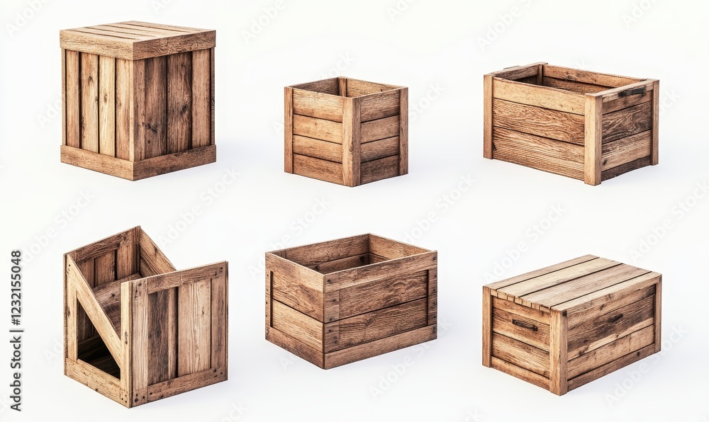 Six wooden crates in various sizes and angles on white background. Six wooden crates in various sizes and angles on white background.