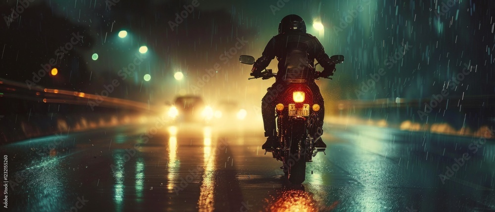 Motorcyclist riding on a wet road in the rain, illuminated by car lights. Suitable for advertising motorbikes, accessories for motorcyclists, articles about safety on the road. Motorcyclist riding on a wet road in the rain, illuminated by car lights. Suitable for advertising motorbikes, accessories for motorcyclists, articles about safety on the road.