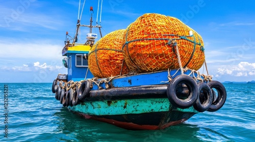 Weathered Fishing Boat Carrying Vibrant Orange Cargo on Tranquil Ocean Waters Under Sunny Sky, Evoking Tropical Fishing and Maritime Industry photo