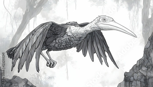 Prehistoric bird flying through misty jungle, illustration for paleontology textbook photo