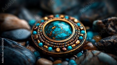 Turquoise Beaded Mandala on Stones photo