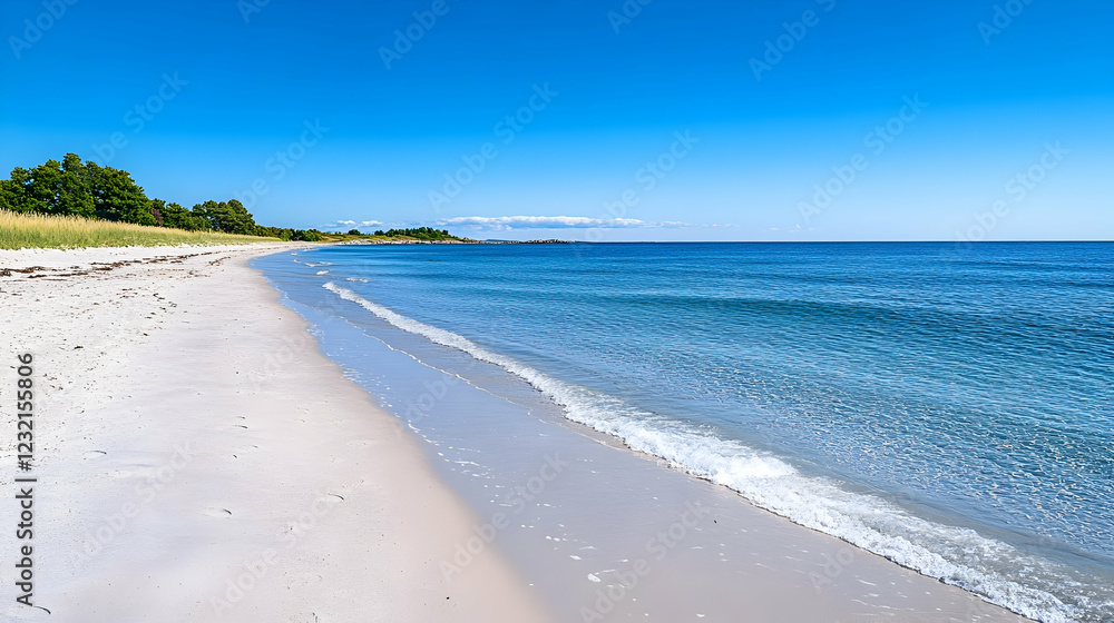 Obraz premium Sandy beach, clear ocean, summer day, tranquil coastal landscape, perfect for travel brochures