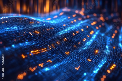 Abstract Digital Landscape with Glowing Blue and Orange Lights Representing Data Flow and Technology in a Futuristic Cyber Environment photo