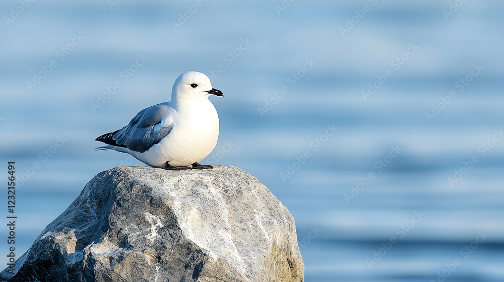 Snowy bird perched on rock, ocean background, wildlife photography, nature stock image Snowy bird perched on rock, ocean background, wildlife photography, nature stock image