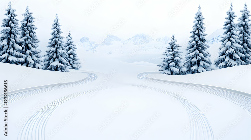 Snowy mountain cross-country ski tracks; winter landscape background; ideal for winter sports advertising Snowy mountain cross-country ski tracks; winter landscape background; ideal for winter sports advertising