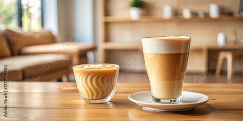 Wallpaper Mural A warm, golden-colored latte with a subtle foam layer on the surface, sitting next to another identical glass of latte in a minimalist coffee shop setting , breakfast, morning Torontodigital.ca