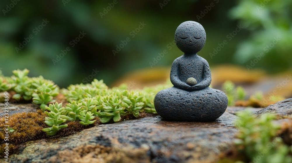 Small meditating stone statue in a peaceful garden Small meditating stone statue in a peaceful garden
