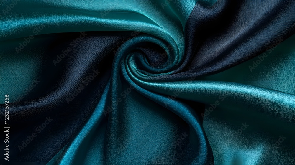 Fototapeta premium Emerald and Midnight Silk Swirl: A luxurious close-up of teal and midnight blue silk fabric, creating a captivating and intricate swirling pattern.