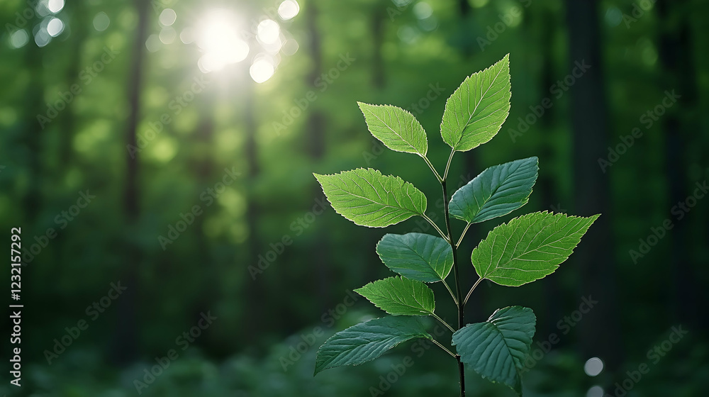 Sunlight through forest trees, young sprout, nature renewal, eco-friendly concept, website banner Sunlight through forest trees, young sprout, nature renewal, eco-friendly concept, website banner