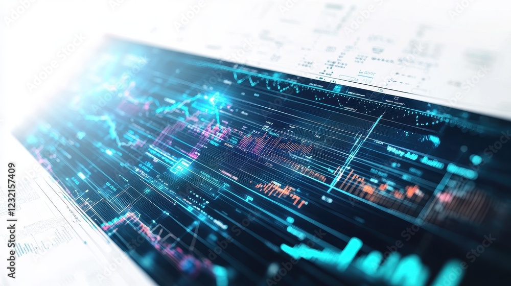 Obraz premium A 3D futuristic holographic interface displaying stock market data, fintech innovation, high-tech, isolated on white background. 