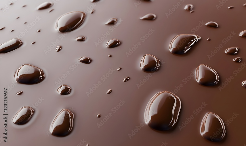 Melted chocolate droplets, close-up, background blur, food texture Melted chocolate droplets, close-up, background blur, food texture