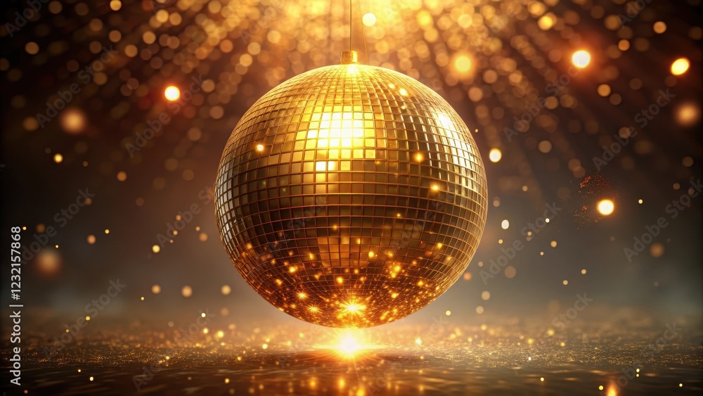 Fototapeta premium Sparkling golden light radiates from a vibrant metallic sphere suspended in mid-air against a shimmering dark background, modern, golden sphere