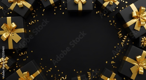 Elegant Black and Gold Gift Boxes with Festive Confetti and Ribbons

