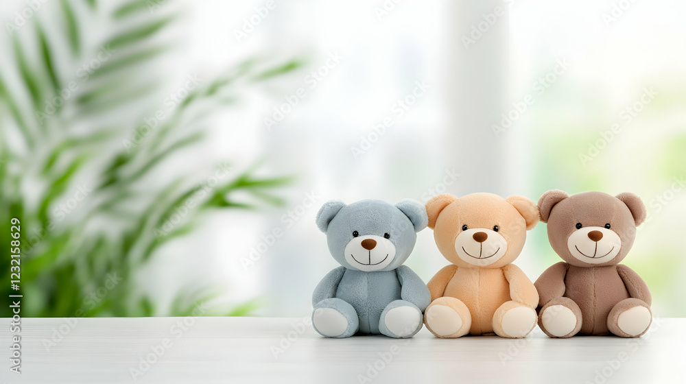 Three teddy bears sitting on a table, bright window background, nursery decor, children's product image Three teddy bears sitting on a table, bright window background, nursery decor, children's product image