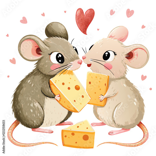 Pair of cute mice holding a small heart-shaped cheese, on a white background, symbol of love and friendship